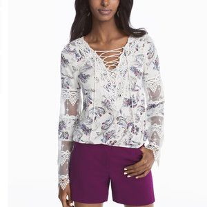 WHBM Long-Sleeve Lace-Up Floral Print Top in Abstract Paisley